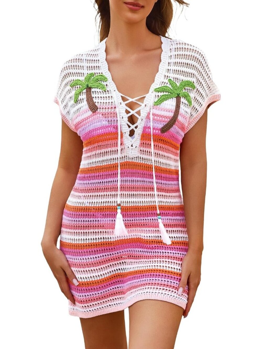 Women's Pink Deep V Neck Lace Up Boho Striped Beach Crochet Cover Up Dress